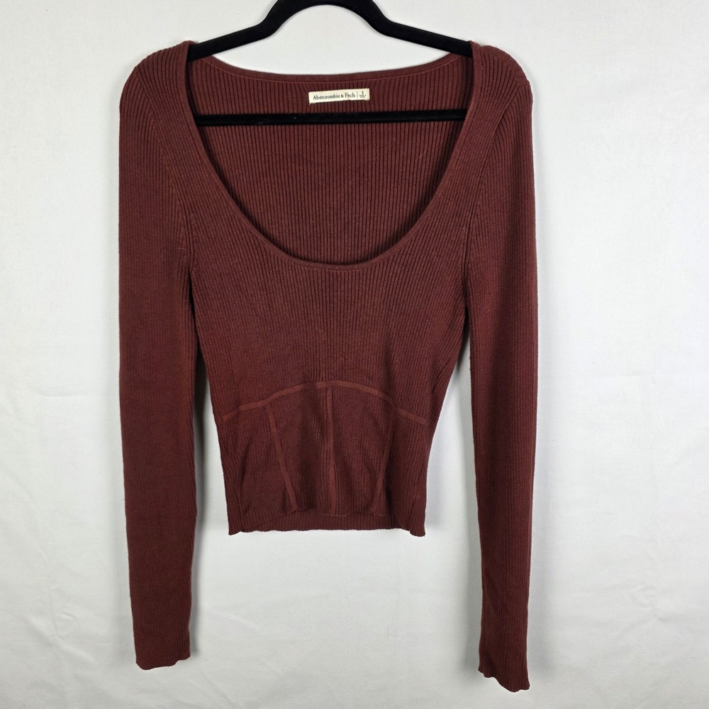 Abercrombie & Fitch Brown Ribbed Corset Seam Scoop Neck Long Sleeve Sweater S